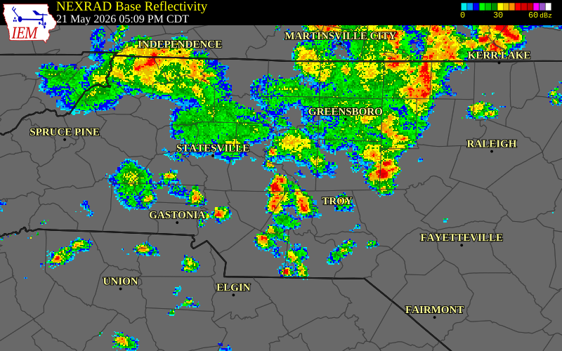 NEXRAD radar during the Thursday, May 21, 2026 storm activity in Rowan County, North Carolina