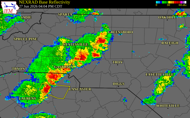 NEXRAD radar during the Saturday, June 27, 2026 storm activity in Rowan County, North Carolina