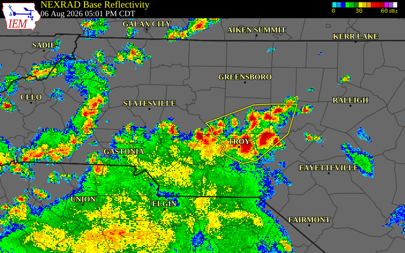 NEXRAD radar during the Thursday, August 6, 2026 storm activity in Rowan County, North Carolina