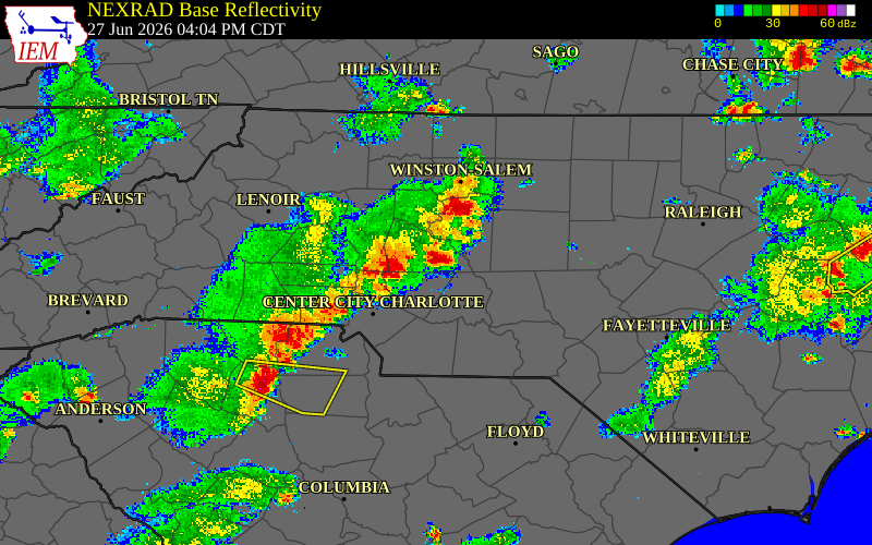 Radar snapshot during the Jun 27, 2026 wind event near Rowan County, Rowan County, North Carolina, with NWS warning polygons
