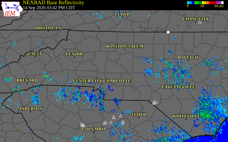 Current NEXRAD radar over Rowan County, North Carolina with recent storm report locations