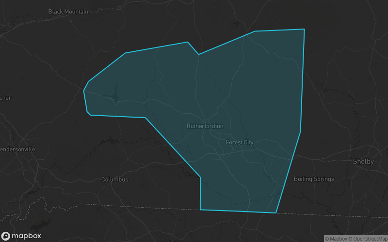 Map of Rutherford County, North Carolina showing the county boundary and surrounding cities