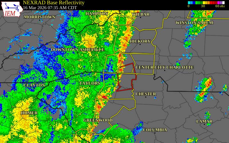 NEXRAD radar during the Monday, March 16, 2026 storm activity in Rutherford County, North Carolina