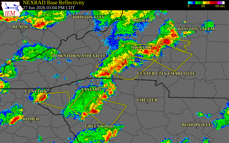NEXRAD radar during the Saturday, June 27, 2026 storm activity in Rutherford County, North Carolina