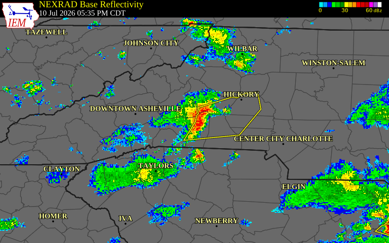 NEXRAD radar during the Friday, July 10, 2026 storm activity in Rutherford County, North Carolina