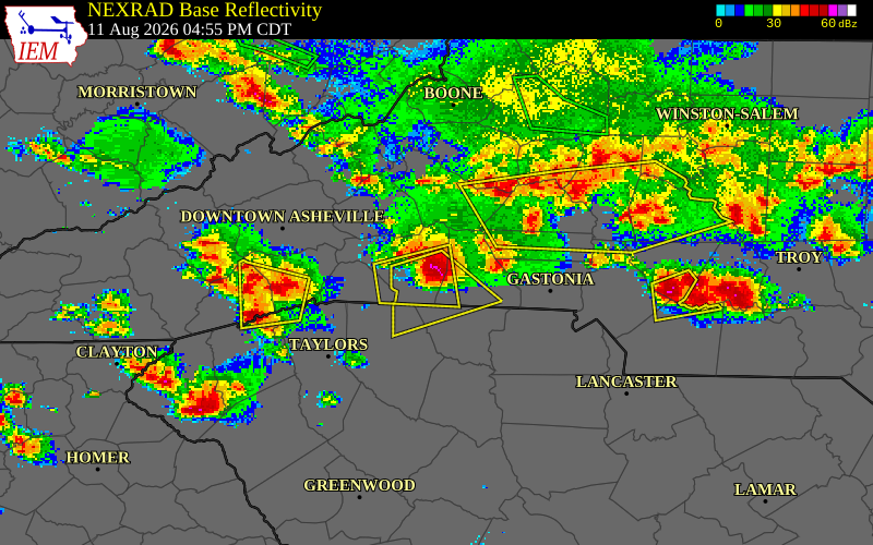 NEXRAD radar during the Tuesday, August 11, 2026 storm activity in Rutherford County, North Carolina