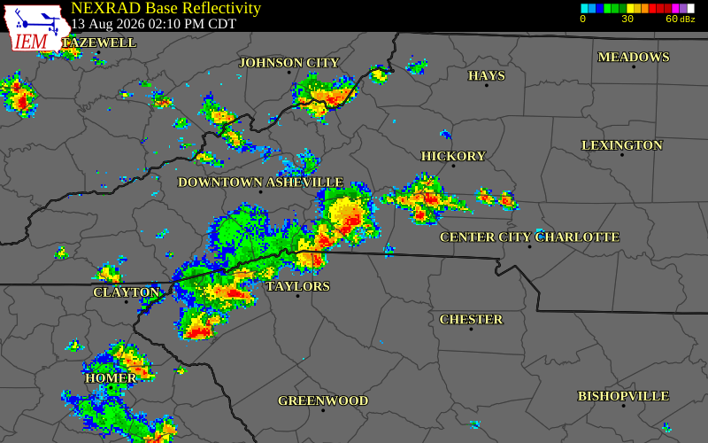 NEXRAD radar during the Thursday, August 13, 2026 storm activity in Rutherford County, North Carolina