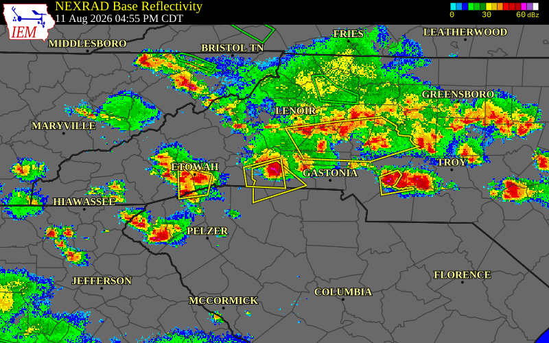 Radar snapshot during the Aug 11, 2026 hail event near 2 N Ellenboro, Rutherford County, North Carolina, with NWS warning polygons