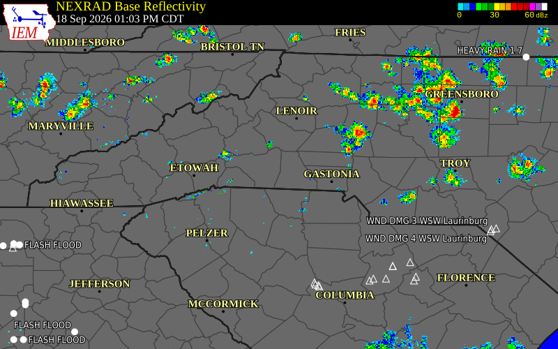 Current NEXRAD radar over Rutherford County, North Carolina with recent storm report locations