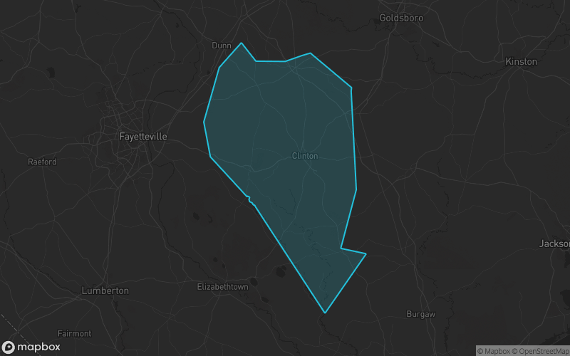 Map of Sampson County, North Carolina showing the county boundary and surrounding cities
