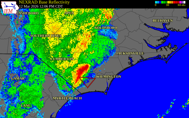 NEXRAD radar during the Thursday, March 12, 2026 storm activity in Sampson County, North Carolina