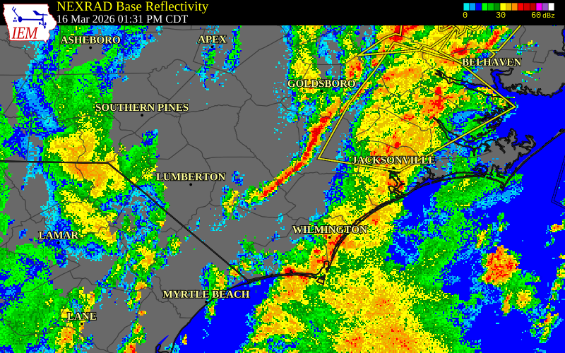 NEXRAD radar during the Monday, March 16, 2026 storm activity in Sampson County, North Carolina