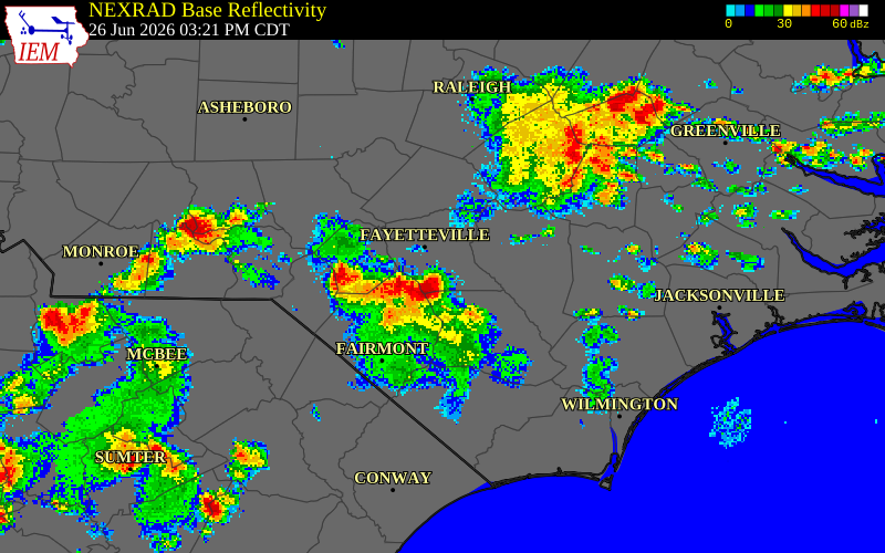 NEXRAD radar during the Friday, June 26, 2026 storm activity in Sampson County, North Carolina