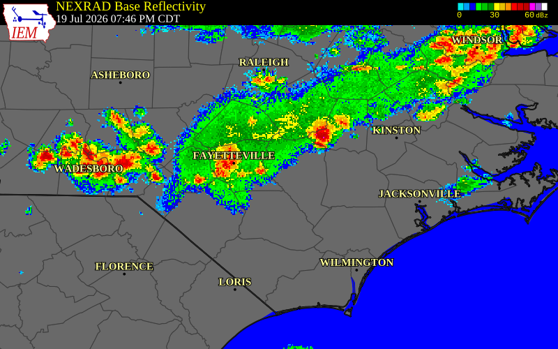 NEXRAD radar during the Sunday, July 19, 2026 storm activity in Sampson County, North Carolina