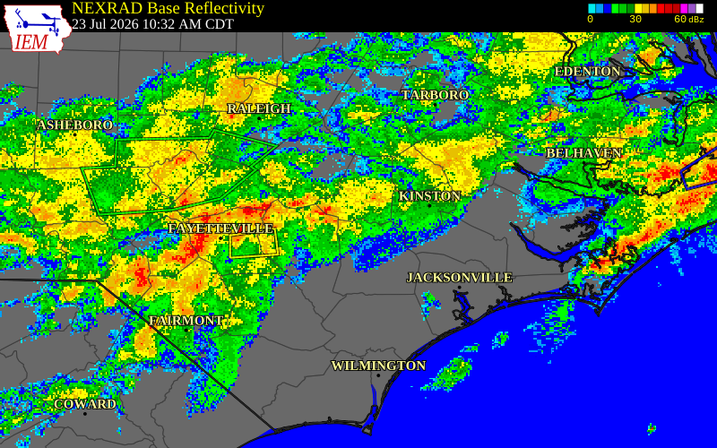 NEXRAD radar during the Thursday, July 23, 2026 storm activity in Sampson County, North Carolina