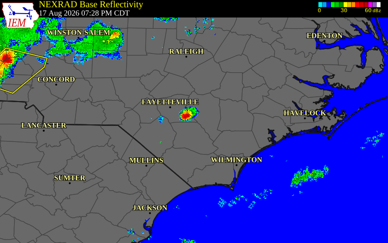 Radar snapshot during the Aug 16, 2026 wind event near Sampson County, Sampson County, North Carolina, with NWS warning polygons