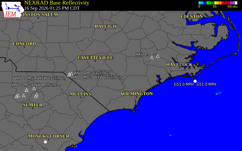Current NEXRAD radar over Sampson County, North Carolina with recent storm report locations