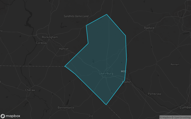 Map of Scotland County, North Carolina showing the county boundary and surrounding cities