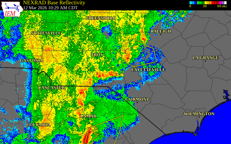 NEXRAD radar during the Thursday, March 12, 2026 storm activity in Scotland County, North Carolina