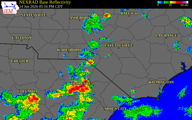 NEXRAD radar during the Sunday, June 14, 2026 storm activity in Scotland County, North Carolina