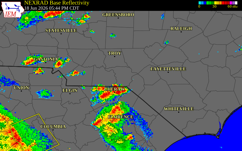 NEXRAD radar during the Thursday, June 18, 2026 storm activity in Scotland County, North Carolina