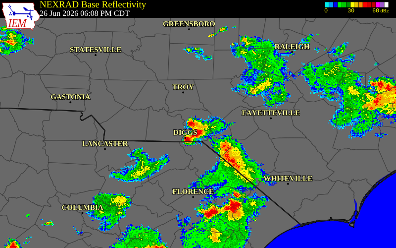 NEXRAD radar during the Friday, June 26, 2026 storm activity in Scotland County, North Carolina