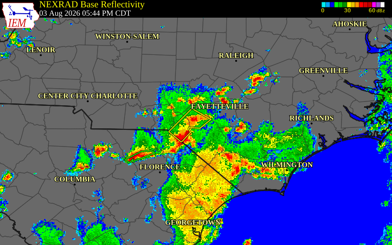 Radar snapshot during the Aug 3, 2026 wind event near Scotland County, Scotland County, North Carolina, with NWS warning polygons