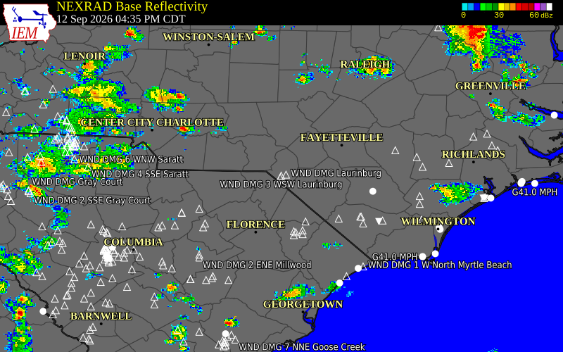 Current NEXRAD radar over Scotland County, North Carolina with recent storm report locations