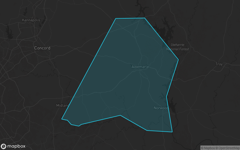 Map of Stanly County, North Carolina showing the county boundary and surrounding cities