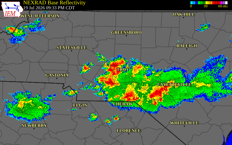 NEXRAD radar during the Sunday, July 19, 2026 storm activity in Stanly County, North Carolina