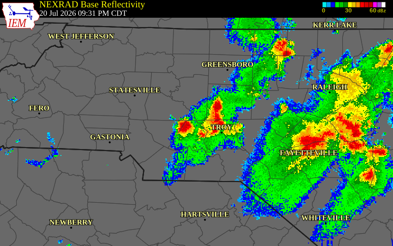 NEXRAD radar during the Monday, July 20, 2026 storm activity in Stanly County, North Carolina