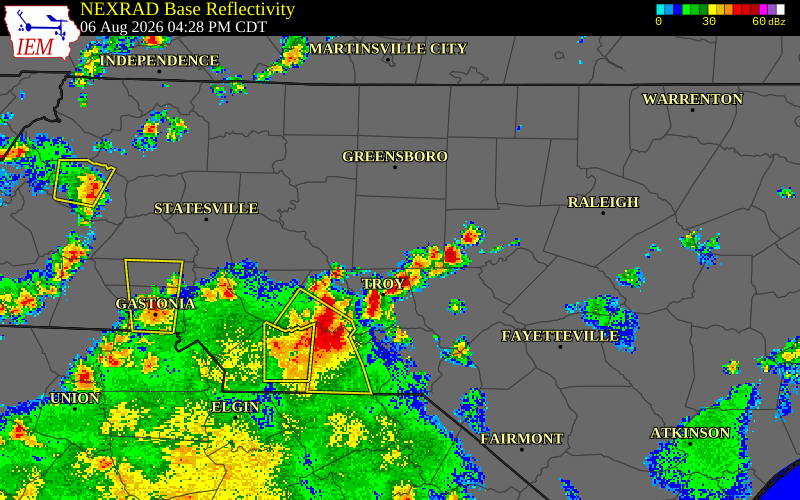NEXRAD radar during the Thursday, August 6, 2026 storm activity in Stanly County, North Carolina