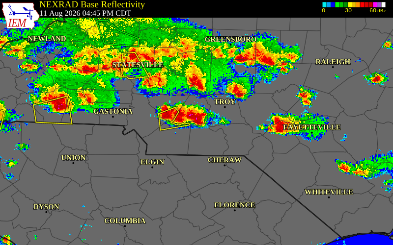NEXRAD radar during the Tuesday, August 11, 2026 storm activity in Stanly County, North Carolina