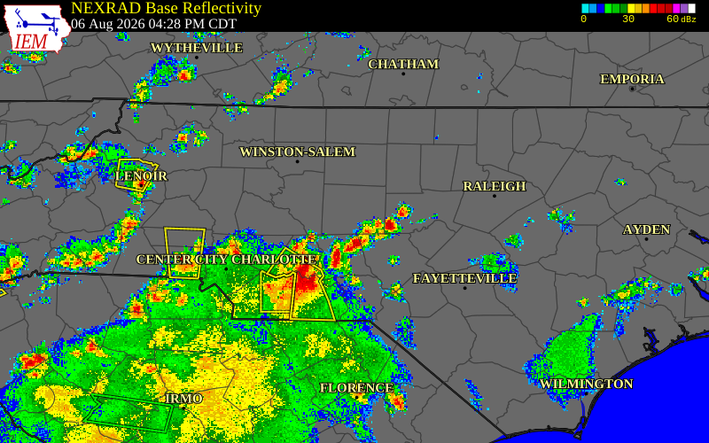 Radar snapshot during the Aug 6, 2026 wind event near Stanly County, Stanly County, North Carolina, with NWS warning polygons