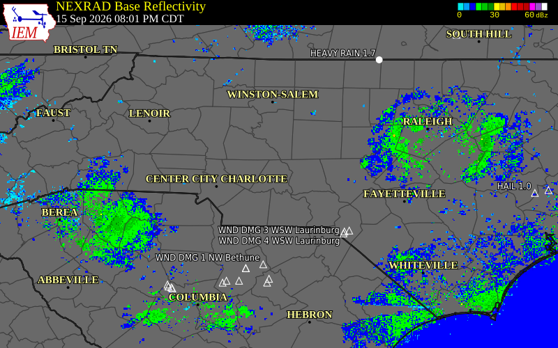 Current NEXRAD radar over Stanly County, North Carolina with recent storm report locations