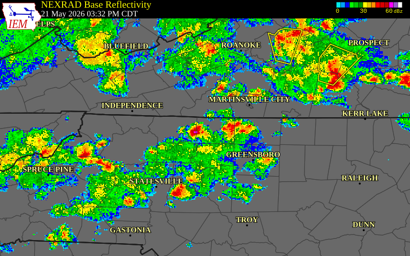 NEXRAD radar during the Thursday, May 21, 2026 storm activity in Stokes County, North Carolina