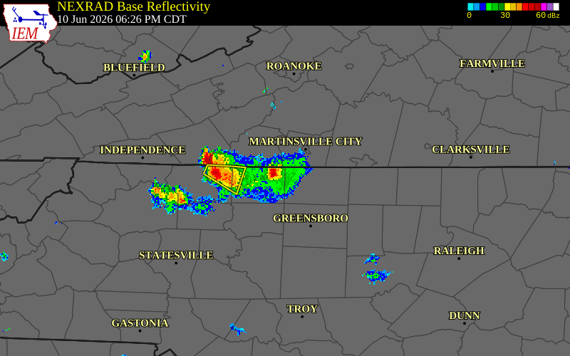 NEXRAD radar during the Wednesday, June 10, 2026 storm activity in Stokes County, North Carolina