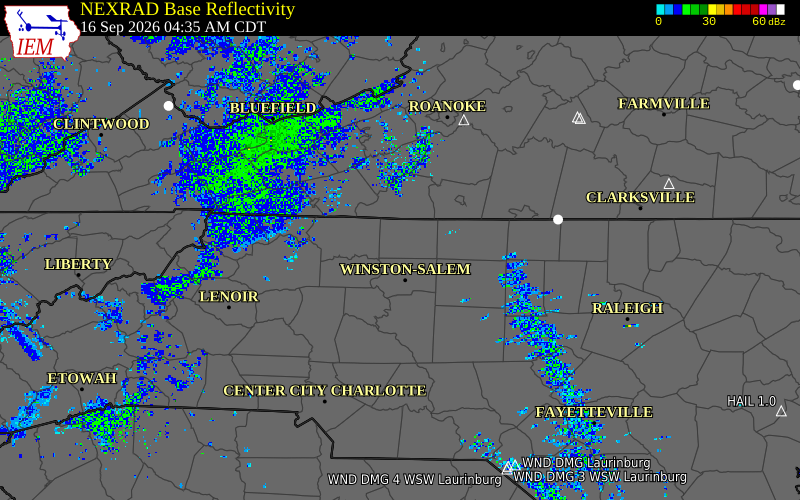 Current NEXRAD radar over Stokes County, North Carolina with recent storm report locations