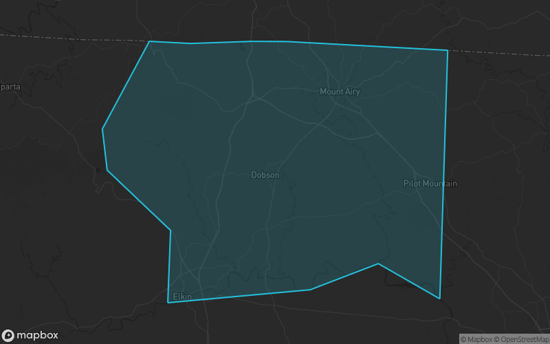 Map of Surry County, North Carolina showing the county boundary and surrounding cities
