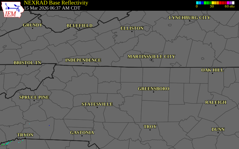 NEXRAD radar during the Sunday, March 15, 2026 storm activity in Surry County, North Carolina