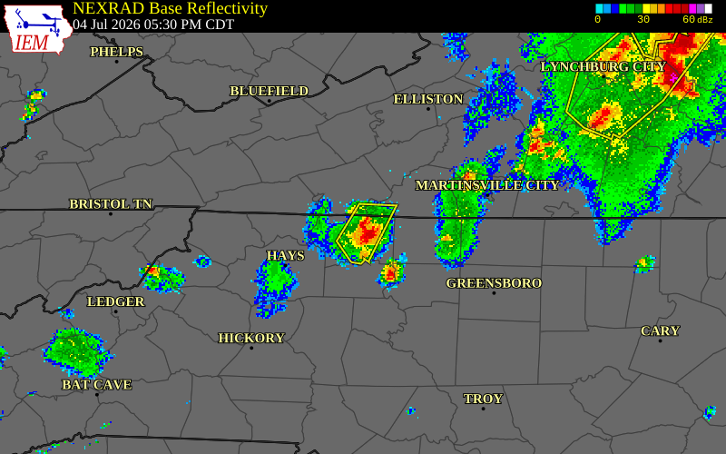 NEXRAD radar during the Saturday, July 4, 2026 storm activity in Surry County, North Carolina