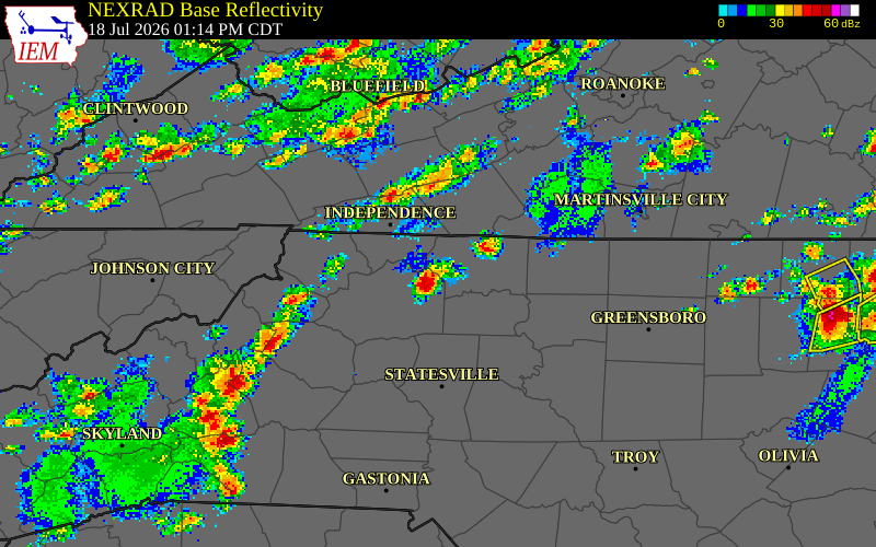 NEXRAD radar during the Saturday, July 18, 2026 storm activity in Surry County, North Carolina