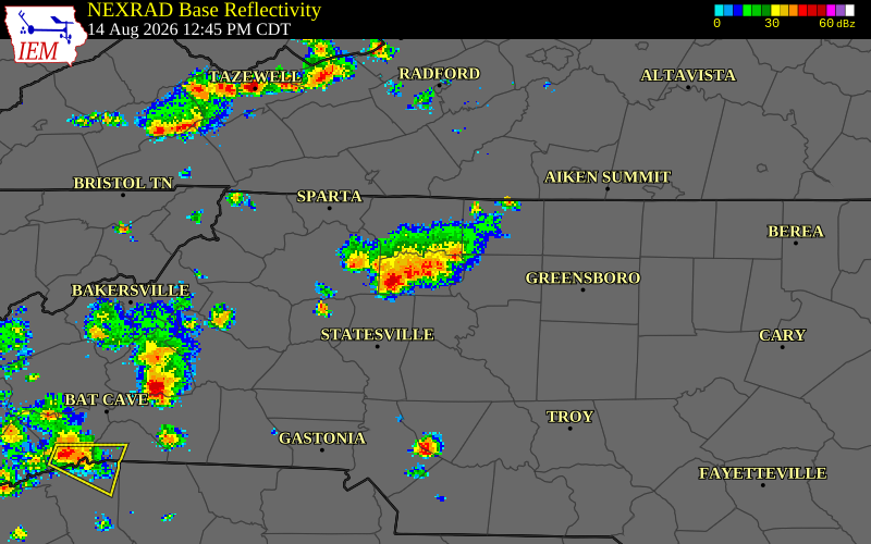 NEXRAD radar during the Friday, August 14, 2026 storm activity in Surry County, North Carolina