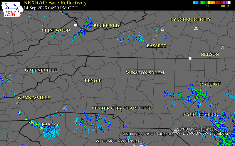 Current NEXRAD radar over Surry County, North Carolina with recent storm report locations