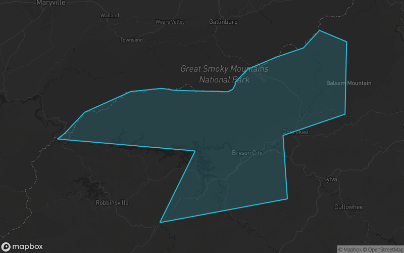 Map of Swain County, North Carolina showing the county boundary and surrounding cities