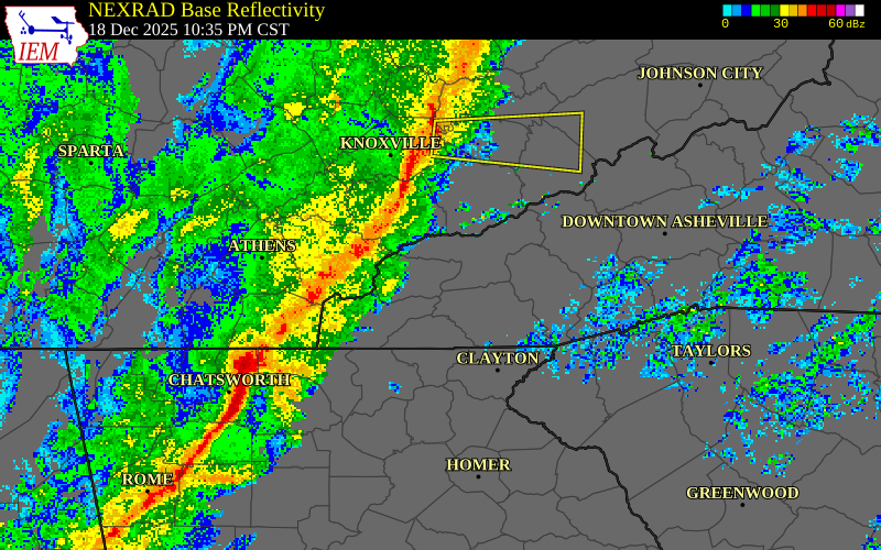NEXRAD radar during the Thursday, December 18, 2025 storm activity in Swain County, North Carolina