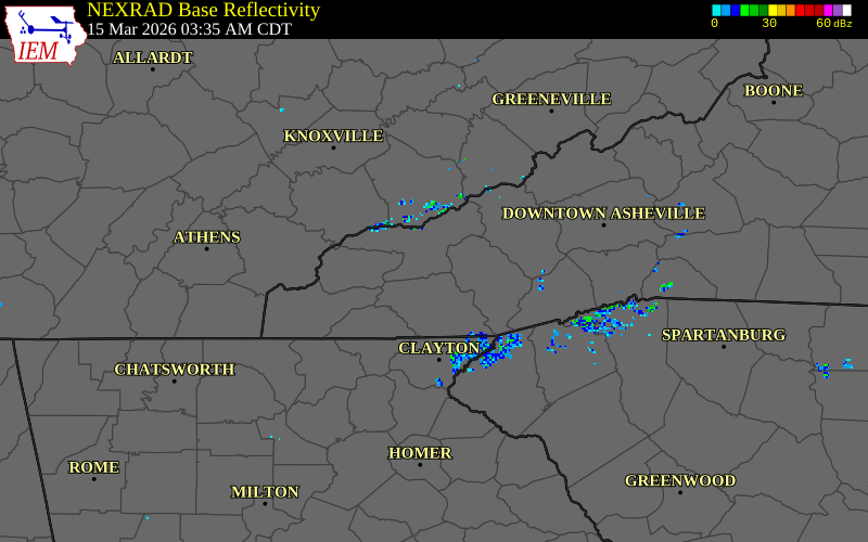 NEXRAD radar during the Sunday, March 15, 2026 storm activity in Swain County, North Carolina