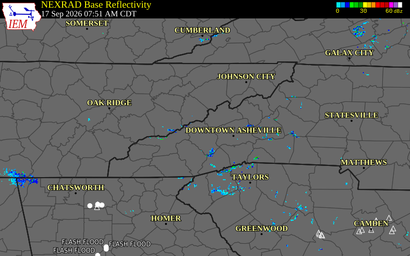 Current NEXRAD radar over Swain County, North Carolina with recent storm report locations