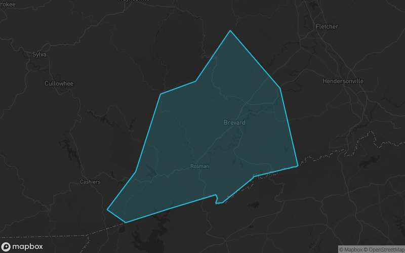 Map of Transylvania County, North Carolina showing the county boundary and surrounding cities