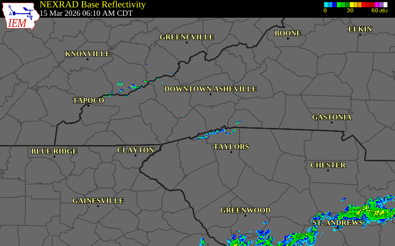 NEXRAD radar during the Sunday, March 15, 2026 storm activity in Transylvania County, North Carolina